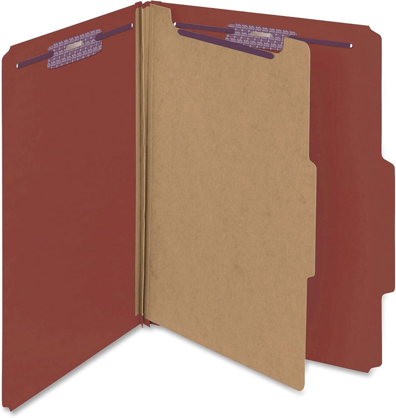 Smead Pressboard Classification File Folder with SafeSHIELD Fasteners, 1 Divider, 2" Expansion, Letter Size, Red, 10 per Box - Image 1