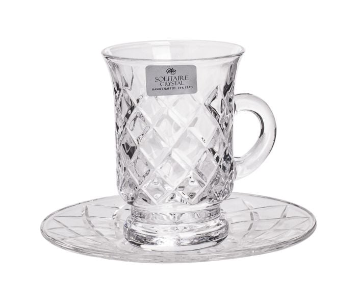 سوليتير كريستال طقم بيالات شاي كريستال مع الصحون – تصميم هندسي محفور، 12 قطعة، شفاف، صُنع يدويًا في الهند