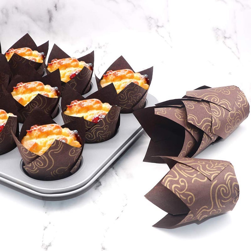 STARUBY 150pcs Tulip Cupcake Liners Baking Cups Muffin Liner Grease-Proof Paper Cupcake Wrappers for Wedding, Birthday Party, Standard Size (Golden Printed, Brown) - Image 2