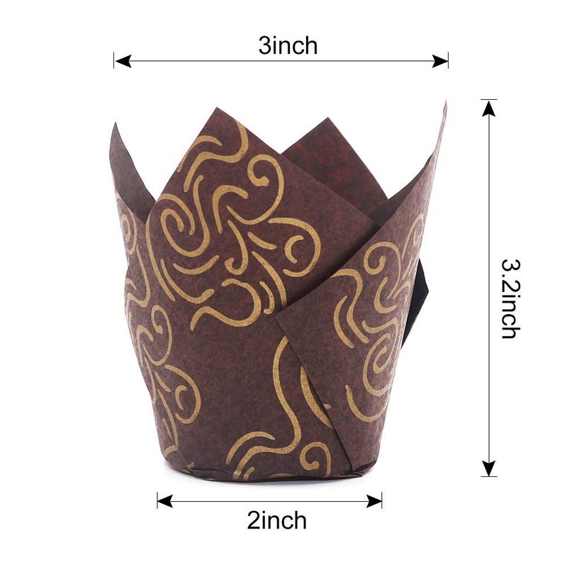 STARUBY 150pcs Tulip Cupcake Liners Baking Cups Muffin Liner Grease-Proof Paper Cupcake Wrappers for Wedding, Birthday Party, Standard Size (Golden Printed, Brown) - Image 3