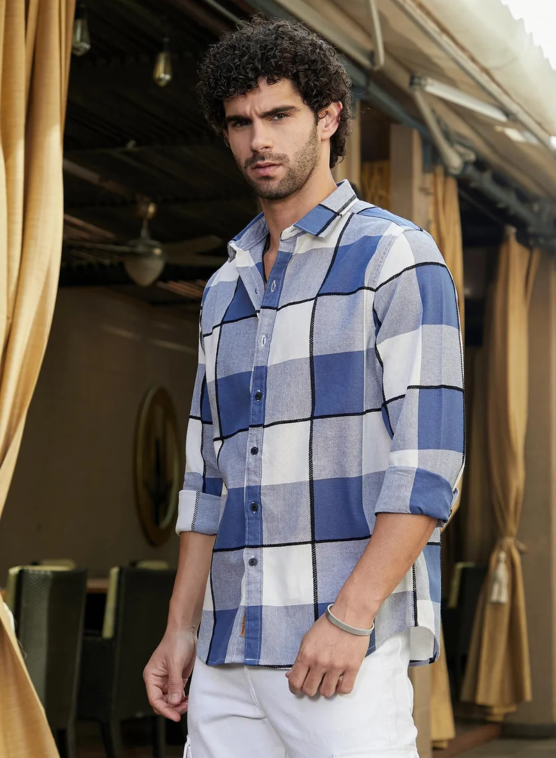 كامبوس سوترا Men's Steel Blue Framed-Buffalo Regular Shirt