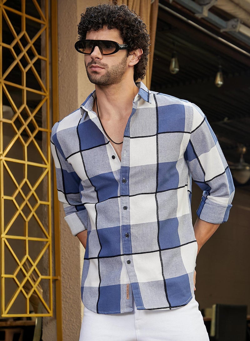 Campus Sutra Men's Steel Blue Framed-Buffalo Regular Shirt  - Image 1