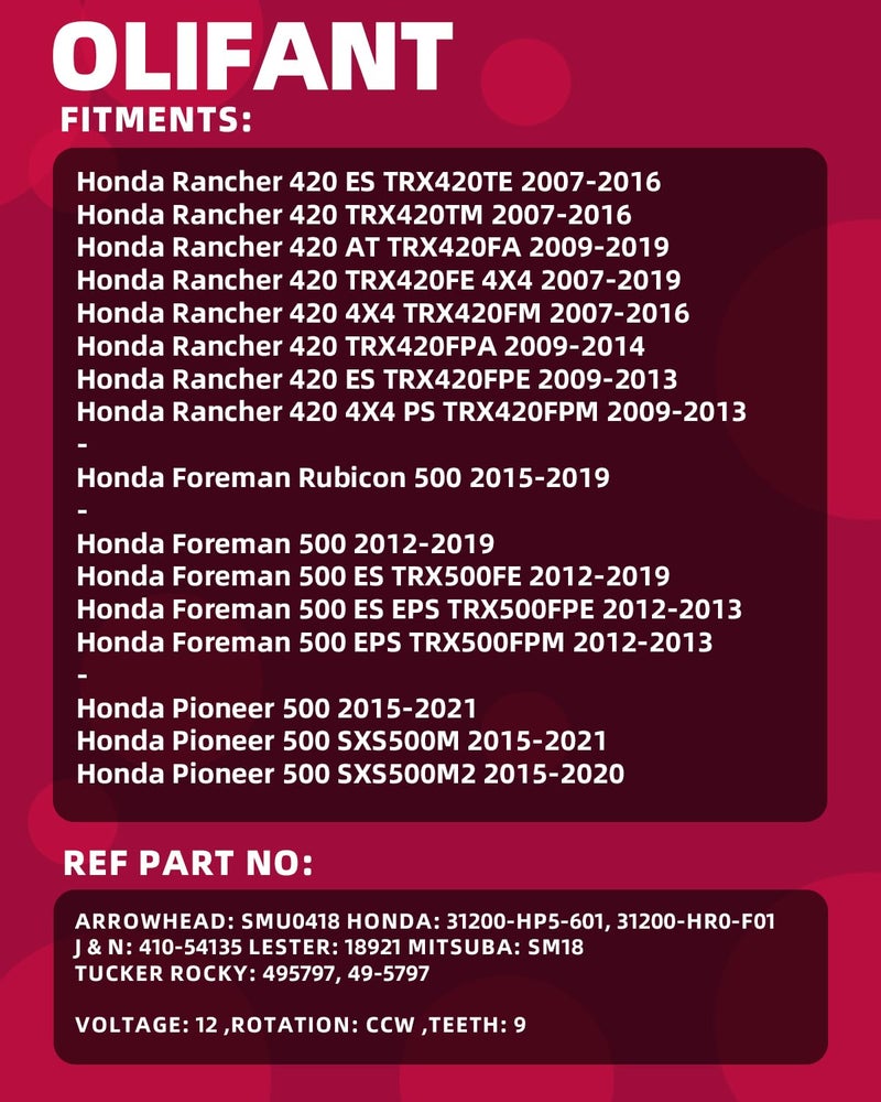 OLIFANT Starter for Honda Rancher 420 2007-2019/Foreman 500 2012-19 Rubicon 500 2015-19 Pioneer 500 2015-2021 31200-HP5-601 31200-HR0-F01 - Image 3