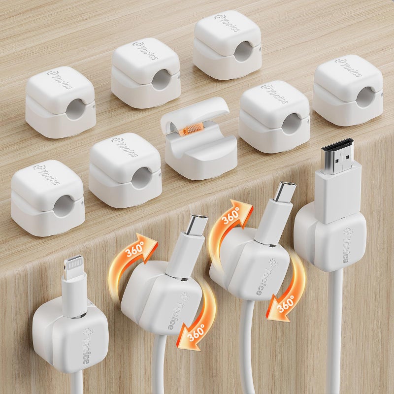 Yocice 12Pack Rotatable Cord Organizer,Spring Cable Clips Desk Cable Management Cord Holder Adhesive Phone Charger Cord Clips for Home Office Car Wall Nightstand Accessories, White - Image 1