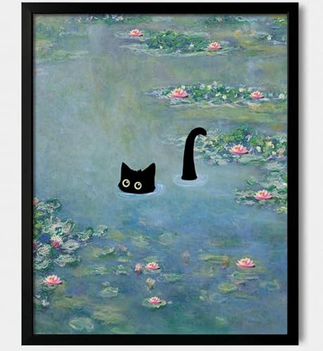 Hamduker Funny Black Cat Wall Art Monet Art Water Lily Cat Wall Art Decor Preppy Aesthetic Cat Posters for Bedroom Bathroom Living Room Size 11 x 14x1pcs - Image 1