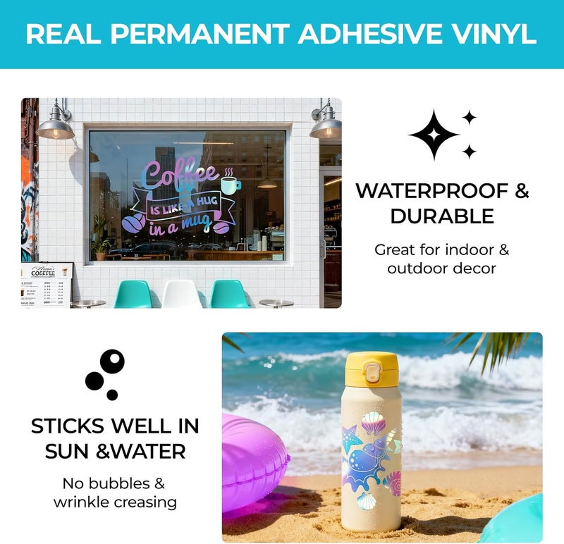 HTVRONT Holographic Opal Blue Permanent Vinyl - 12" x 10 FT Adhesive Roll Compatible with Cricut Cutting Machine, Silhouette, Cameo Cutters, Signs, Scrapbooking, Craft, Die Cutters - Image 5