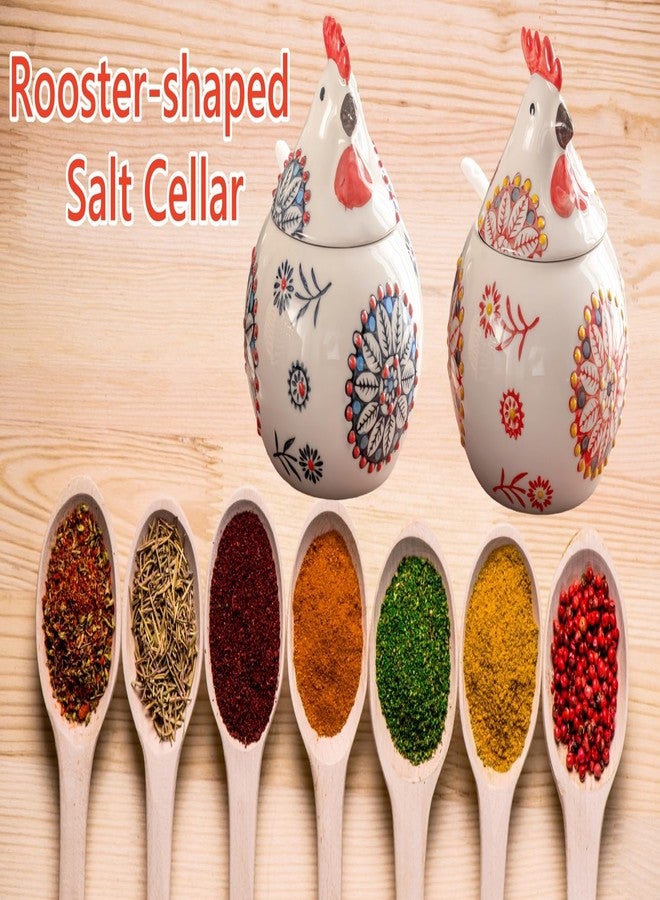 Frezonika Ceramic Salt Cellar with Lid and Spoon, Rooster Shape 13 OZ Large Salt Holder for Counter, Coffee, Sugar, Spices and Candies, Salt Containers for Countertop (Green) - Image 2