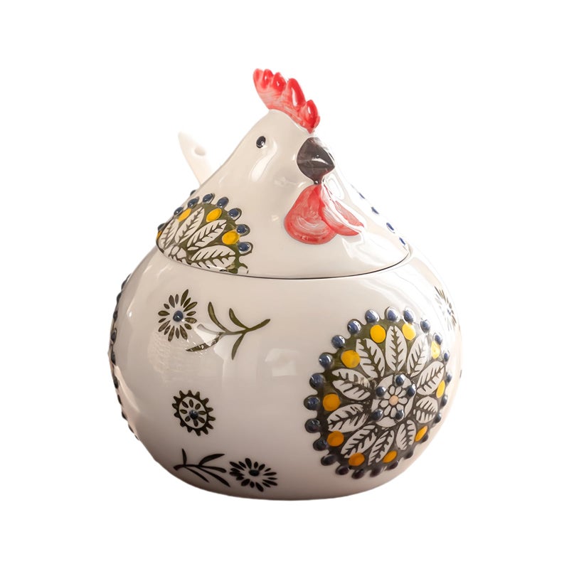 Frezonika Ceramic Salt Cellar with Lid and Spoon, Rooster Shape 13 OZ Large Salt Holder for Counter, Coffee, Sugar, Spices and Candies, Salt Containers for Countertop (Green) - Image 1