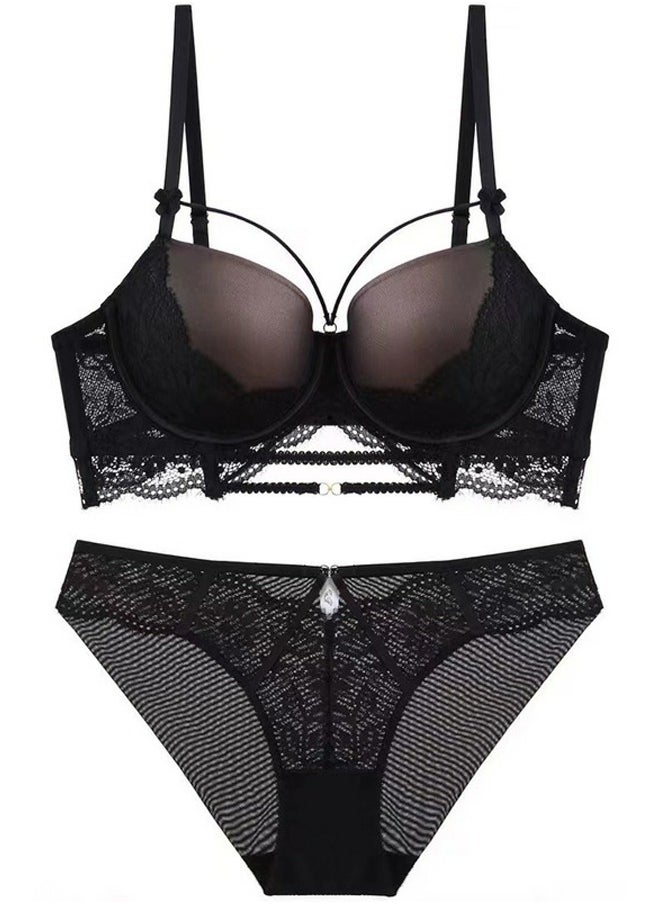 Loquat - Comfy Solid Color Lace Bra And Panty Set Black - Image 1