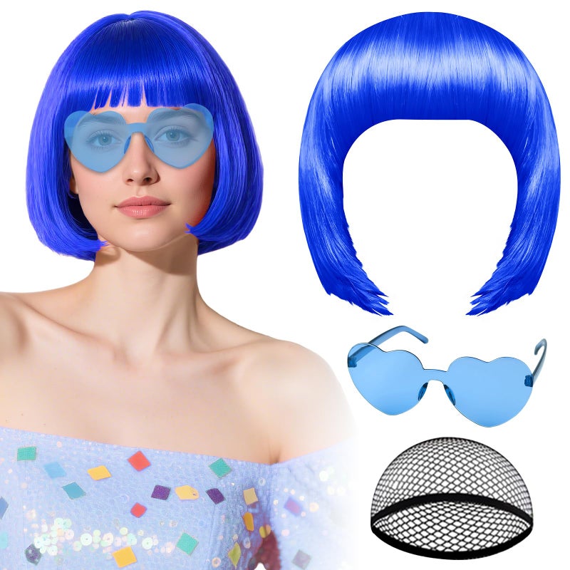 PLULON Royal Blue Bob Wig with Heart Sunglasses and Hair Cap, Colorful Short Bob Wigs Synthetic Party Wigs Funny Cosplay Hairpieces for Women Men Daily Bachelorette Halloween Costume Party Decorations - Image 1