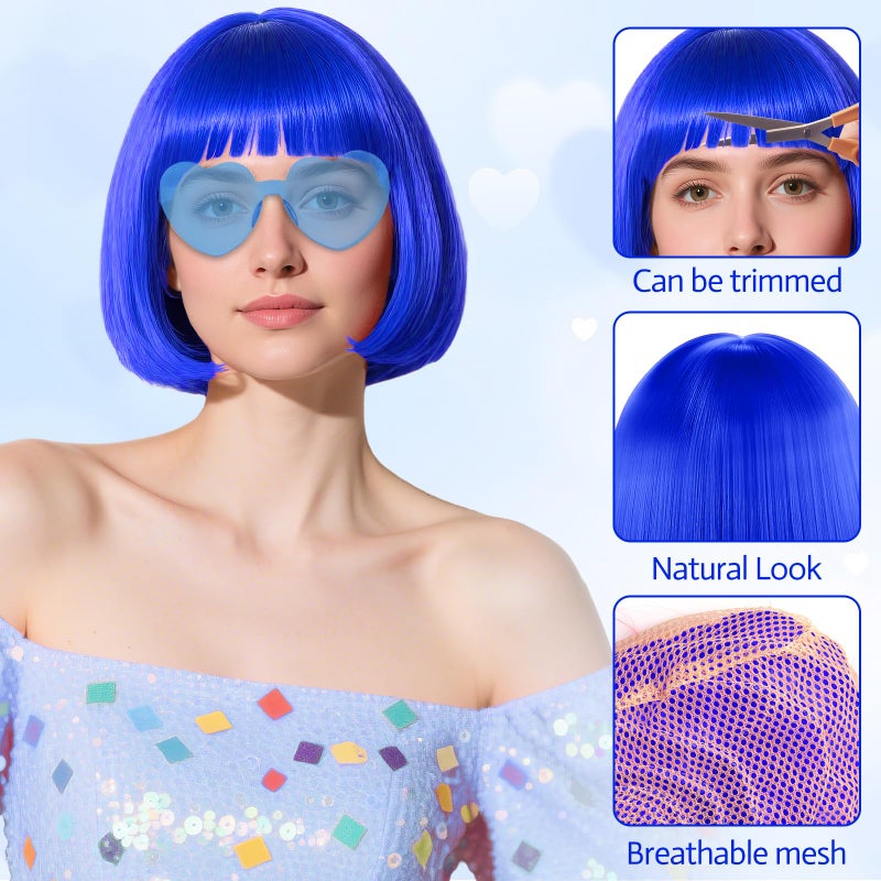 PLULON Royal Blue Bob Wig with Heart Sunglasses and Hair Cap, Colorful Short Bob Wigs Synthetic Party Wigs Funny Cosplay Hairpieces for Women Men Daily Bachelorette Halloween Costume Party Decorations - Image 3