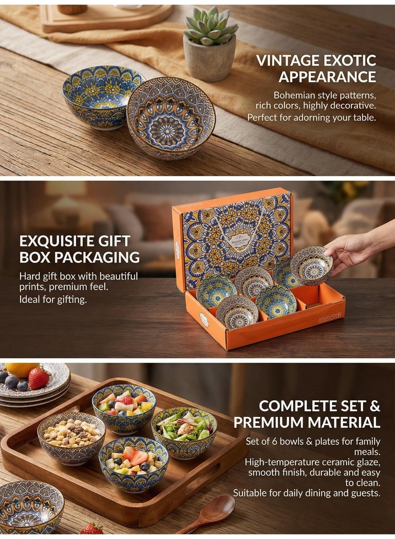 6 Piece Ceramic Bowl Set Bohemian Style Colorful Patterned Serving Bowls For Cereal Soup Dessert Microwave Dishwasher Safe Gift Box Included 10oz For Ramadan Eid And Housewarming Gifting - Image 2