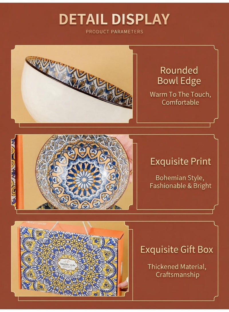 6 Piece Ceramic Bowl Set Bohemian Style Colorful Patterned Serving Bowls For Cereal Soup Dessert Microwave Dishwasher Safe Gift Box Included 10oz For Ramadan Eid And Housewarming Gifting - Image 3