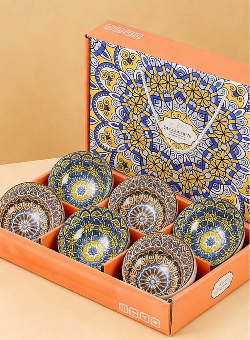 6 Piece Ceramic Bowl Set Bohemian Style Colorful Patterned Serving Bowls For Cereal Soup Dessert Microwave Dishwasher Safe Gift Box Included 10oz For Ramadan Eid And Housewarming Gifting - Image 4