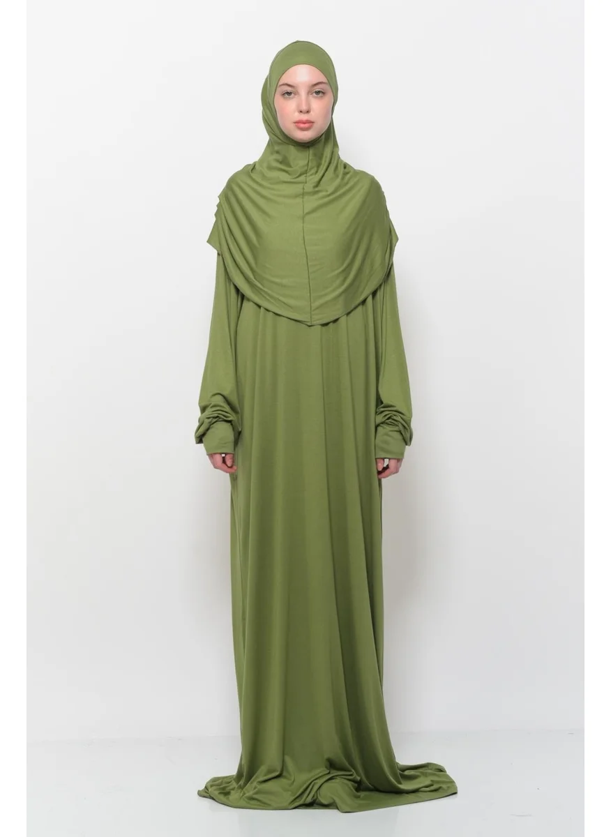 التوبة Practical One Piece Cotton Bat Sleeves Removable Organic Hijab Prayer Dress with Headscarf - Pistachio Green