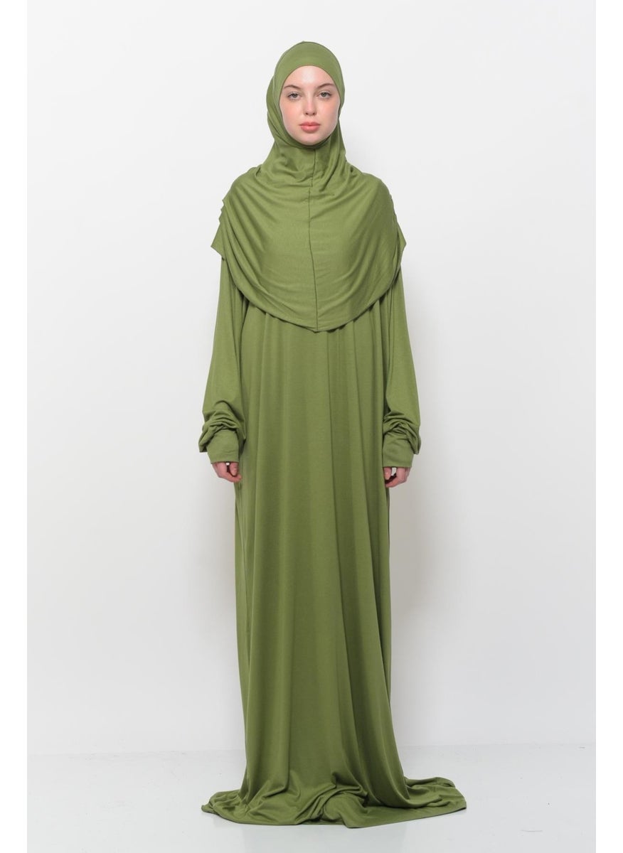 Altobeh Practical One Piece Cotton Bat Sleeves Removable Organic Hijab Prayer Dress with Headscarf - Pistachio Green  - Image 1