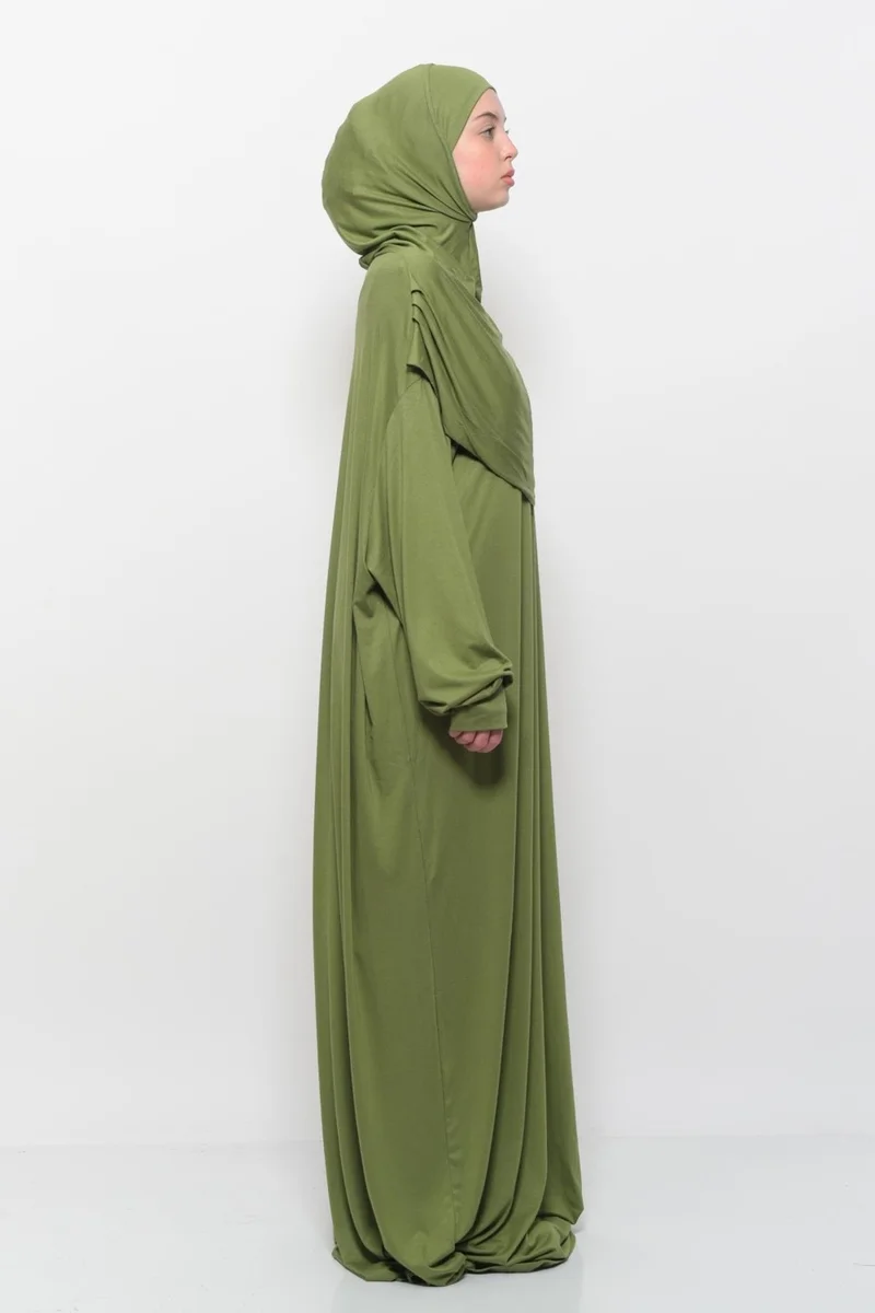 Altobeh Practical One Piece Cotton Bat Sleeves Removable Organic Hijab Prayer Dress with Headscarf - Pistachio Green