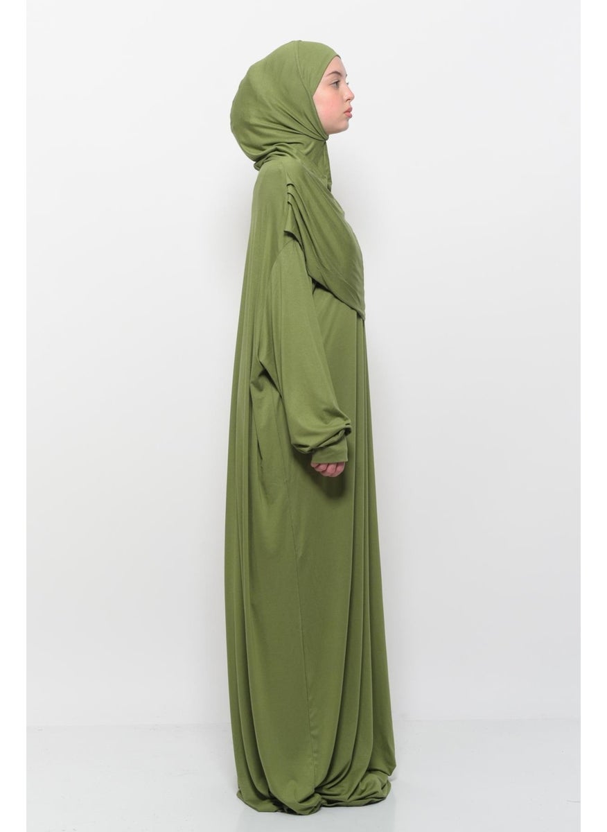Altobeh Practical One Piece Cotton Bat Sleeves Removable Organic Hijab Prayer Dress with Headscarf - Pistachio Green  - Image 3
