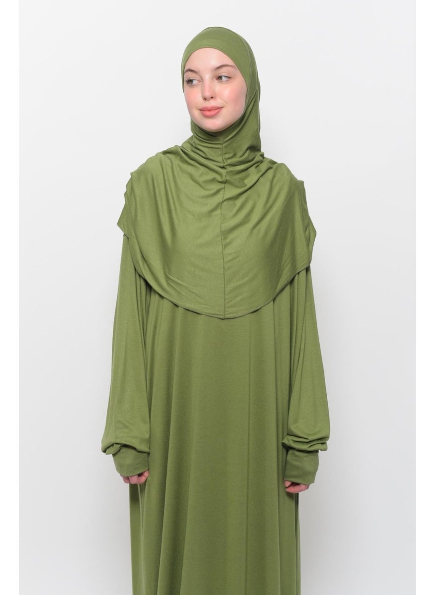Altobeh Practical One Piece Cotton Bat Sleeves Removable Organic Hijab Prayer Dress with Headscarf - Pistachio Green  - Image 2