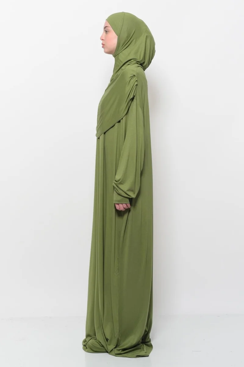 Altobeh Practical One Piece Cotton Bat Sleeves Removable Organic Hijab Prayer Dress with Headscarf - Pistachio Green