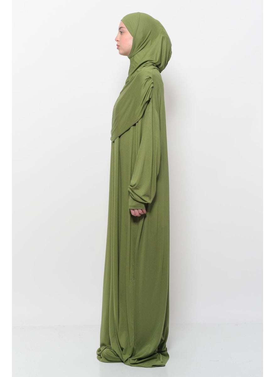 Altobeh Practical One Piece Cotton Bat Sleeves Removable Organic Hijab Prayer Dress with Headscarf - Pistachio Green  - Image 4