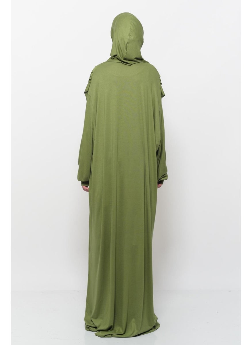Altobeh Practical One Piece Cotton Bat Sleeves Removable Organic Hijab Prayer Dress with Headscarf - Pistachio Green  - Image 5