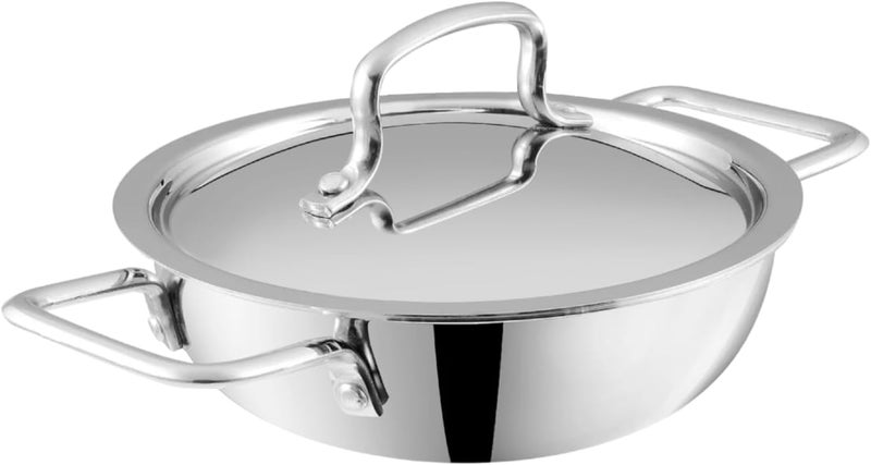 VINOD PLATINUM TRIPLY STAINLESS STEEL EXTRA DEEP KADAI/KADHAI WITH STAINLESS STEEL LID - 1.2 LITRES, 18 CM, VTK018, COOKING POT, FRYPAN, CASSEROLE - Image 1