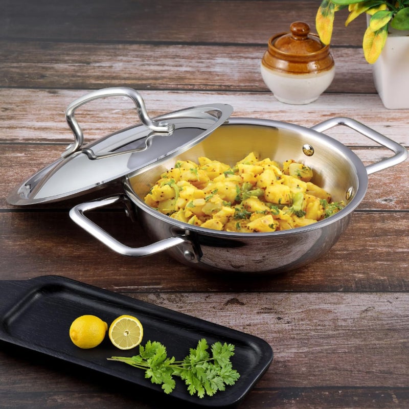 VINOD PLATINUM TRIPLY STAINLESS STEEL EXTRA DEEP KADAI/KADHAI WITH STAINLESS STEEL LID - 1.2 LITRES, 18 CM, VTK018, COOKING POT, FRYPAN, CASSEROLE - Image 5