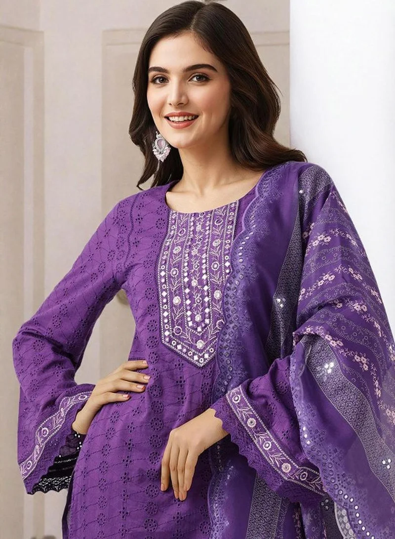 ISHIN Women's Lilac Cotton Self Designed Tunic Upper Full Length Palazzo Bottom Regular Fit 3 Piece Kurta Set