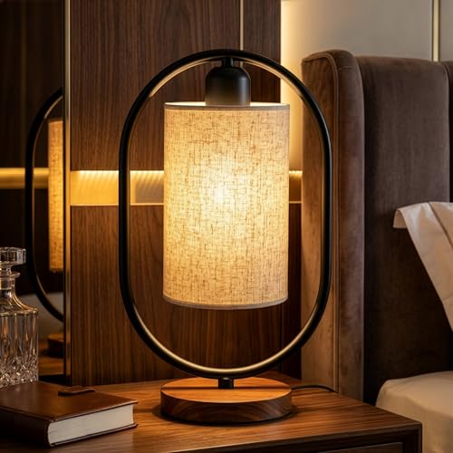 Decor & More - Bedside Lamp | Bed Lamps for Bedroom with On/Off Button | Table Lamps for Home Decoration | Side Table Lamp for Bedroom with Cotton Fabric Shade | Black (Bulb not Included) - Image 2