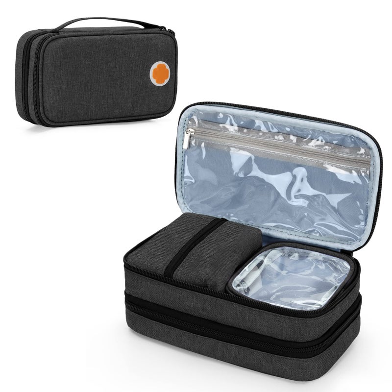 CURMIO Insulated Insulin Cooler Travel Case Double Layer Diabetic Supplies Storage Bag with Detachable Pouches for Diabetic Medication and Ice Packs Black Empty Bag Only