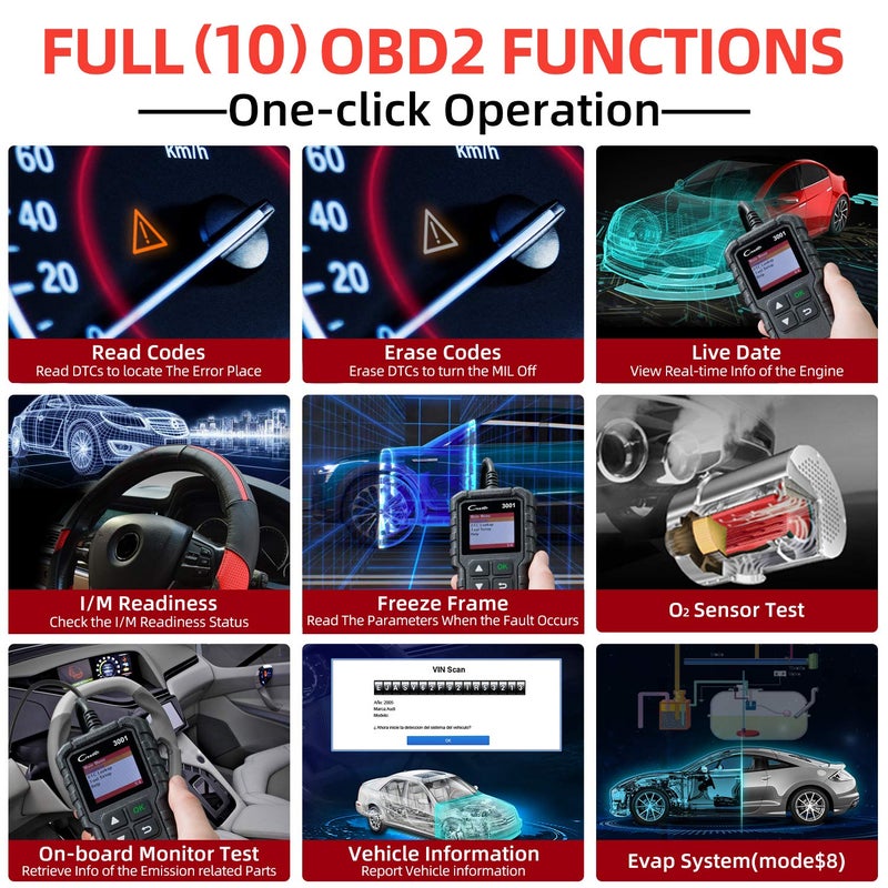 Launch جهاز فحص السيارات LAUNCH Creader 3001 OBD2، أداة تشخيص السيارات، لفحص أنظمة مستشعر O2 وضوء فحص المحرك، أجهزة قراءة رموز OBD، أدوات مسح لجميع سيارات بروتوكول OBDII - Image 3