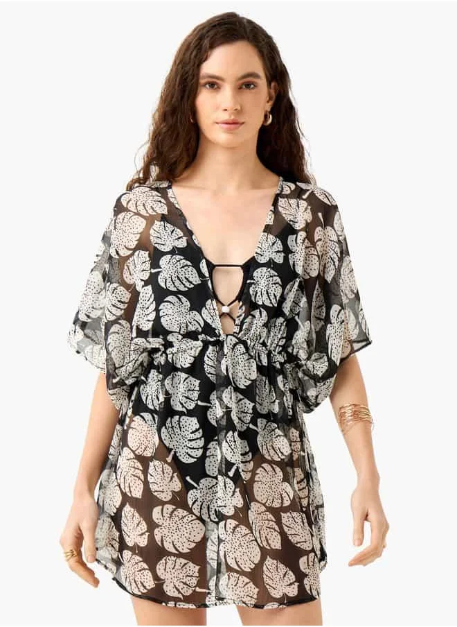 فاف Floral Print Cover-Up with Tie-Up Detail
