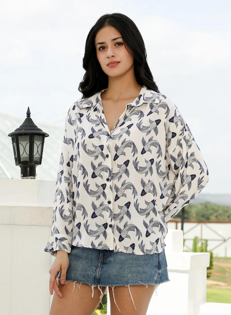 PINACOLADA  Women's Pisces-Imprint Oversized Shirt | Spread Collar , Long Cuffed Sleeves , Button Closure | Graphic Print Plain Material | Viscose Shirt For Casual & Daily Wear | Navy Blue & Off-White for Women | Best Price UAE