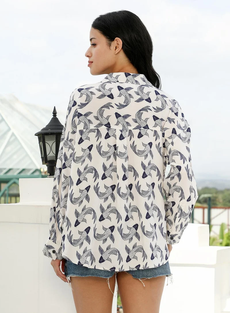 PINACOLADA  Women's Pisces-Imprint Oversized Shirt | Spread Collar , Long Cuffed Sleeves , Button Closure | Graphic Print Plain Material | Viscose Shirt For Casual & Daily Wear | Navy Blue & Off-White for Women | Best Price UAE