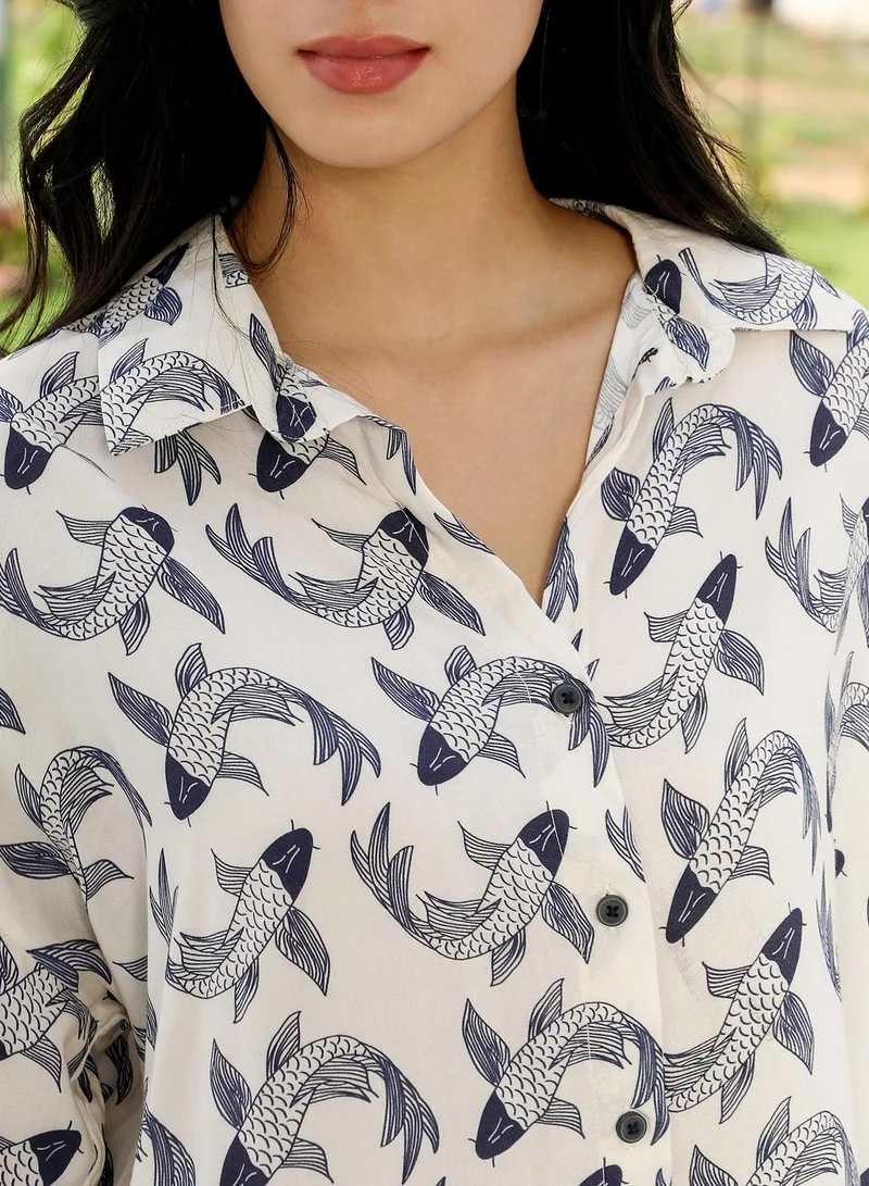 PINACOLADA  Women's Pisces-Imprint Oversized Shirt | Spread Collar , Long Cuffed Sleeves , Button Closure | Graphic Print Plain Material | Viscose Shirt For Casual & Daily Wear | Navy Blue & Off-White for Women | Best Price UAE