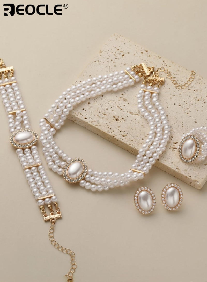 ريوكل مجموعة مجوهرات نسائية من اللؤلؤ مكونة من 4 قطع متعددة الطبقات مستوحاة من الطراز القديم مع تفاصيل بيضاوية للمناسبات الرسمية والتصميم الأنيق - Image 1