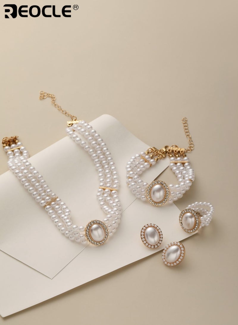 ريوكل مجموعة مجوهرات نسائية من اللؤلؤ مكونة من 4 قطع متعددة الطبقات مستوحاة من الطراز القديم مع تفاصيل بيضاوية للمناسبات الرسمية والتصميم الأنيق - Image 2