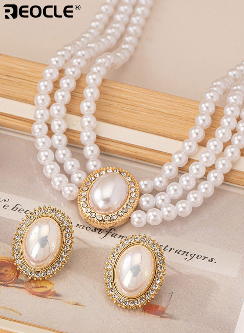 ريوكل مجموعة مجوهرات نسائية من اللؤلؤ مكونة من 4 قطع متعددة الطبقات مستوحاة من الطراز القديم مع تفاصيل بيضاوية للمناسبات الرسمية والتصميم الأنيق - Image 4