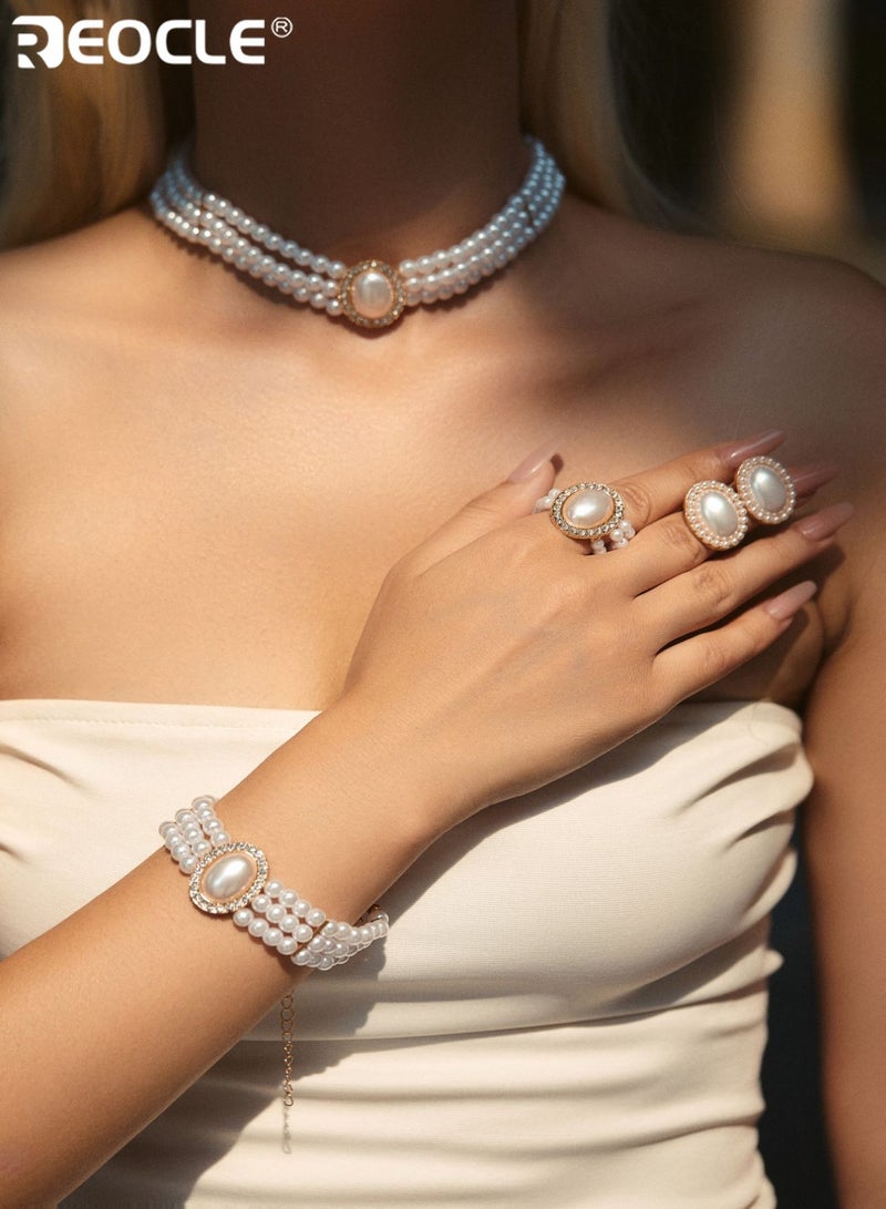 ريوكل مجموعة مجوهرات نسائية من اللؤلؤ مكونة من 4 قطع متعددة الطبقات مستوحاة من الطراز القديم مع تفاصيل بيضاوية للمناسبات الرسمية والتصميم الأنيق - Image 3