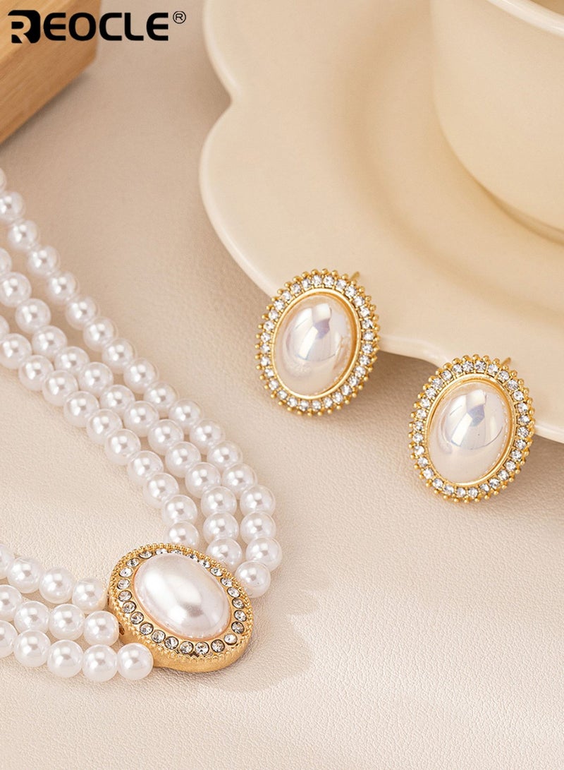ريوكل مجموعة مجوهرات نسائية من اللؤلؤ مكونة من 4 قطع متعددة الطبقات مستوحاة من الطراز القديم مع تفاصيل بيضاوية للمناسبات الرسمية والتصميم الأنيق - Image 5