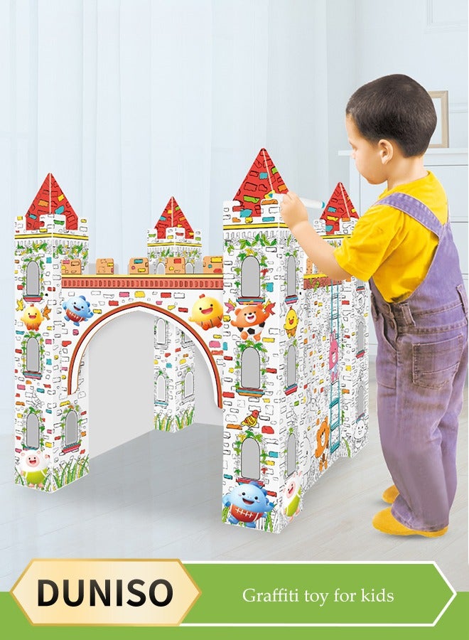 DUNISO Toy Castle,Castle of cardboard,splicingThree dimensional assembly graffiti children's toys,DIY Doodle Cardboard Coloring Creative Crafts Play House Project Assemble And Paint Educational Toys For Kids - Image 1