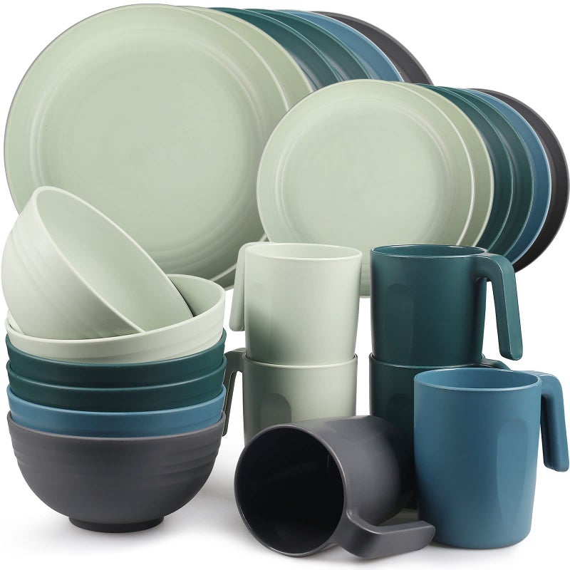 Greentainer Unbreakable Plastic Dinnerware Set Lightweight Camping Tableware with 6 Dinning Plates 6 Dessert Plates 6 Bowls 6 Cups for Kids  Adults Service for 6 MicrowaveDishwasher Safe