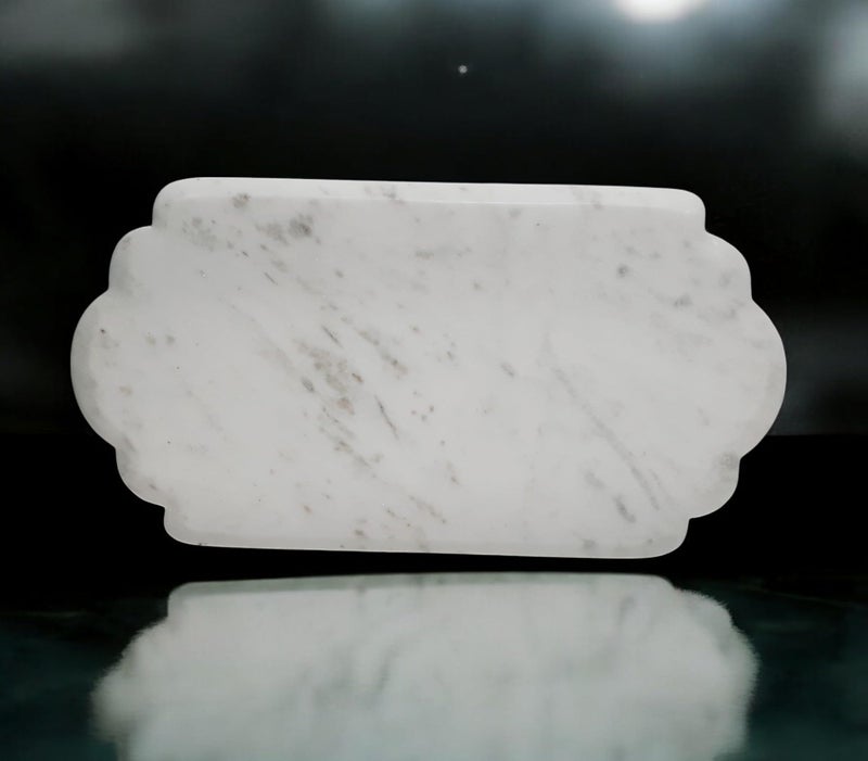 KRAFT CLOUDS Natural White Marble Platter | Stone Serving, Dressing, Decorating, Multi Purpose Pedestal Tray | Handmade Scalloped Shape Plate 12x6 inch - Image 4