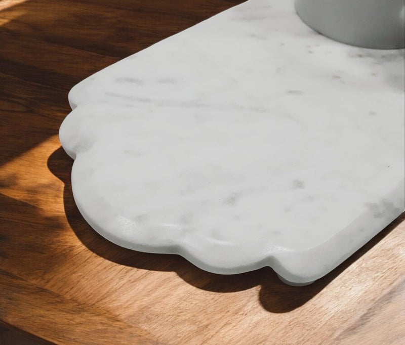 KRAFT CLOUDS Natural White Marble Platter | Stone Serving, Dressing, Decorating, Multi Purpose Pedestal Tray | Handmade Scalloped Shape Plate 12x6 inch - Image 2