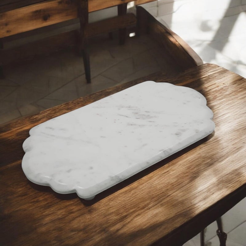 KRAFT CLOUDS Natural White Marble Platter | Stone Serving, Dressing, Decorating, Multi Purpose Pedestal Tray | Handmade Scalloped Shape Plate 12x6 inch - Image 1