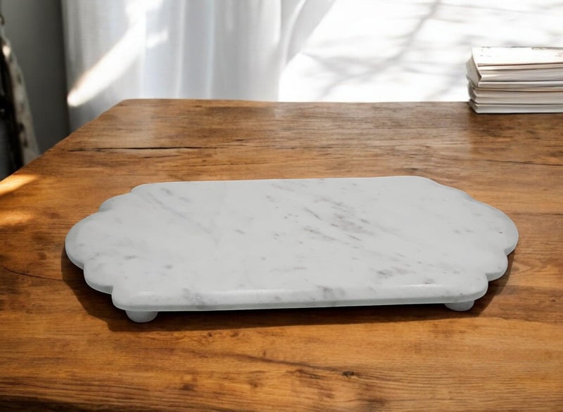 KRAFT CLOUDS Natural White Marble Platter | Stone Serving, Dressing, Decorating, Multi Purpose Pedestal Tray | Handmade Scalloped Shape Plate 12x6 inch - Image 5