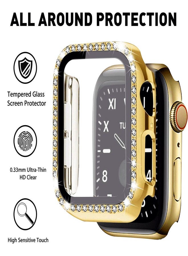 Mosonio Compatible for Apple Watch Band 46mm with Screen Protector Case Women, Jewelry Metal Chain with 2P Bling Case Cover for iWatch Series 11 10(Gold Link with Black Leather) - Image 4