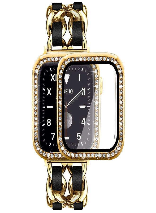 Mosonio Compatible for Apple Watch Band 46mm with Screen Protector Case Women, Jewelry Metal Chain with 2P Bling Case Cover for iWatch Series 11 10(Gold Link with Black Leather) - Image 1