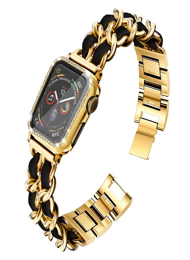 Mosonio Compatible for Apple Watch Band 46mm with Screen Protector Case Women, Jewelry Metal Chain with 2P Bling Case Cover for iWatch Series 11 10(Gold Link with Black Leather) - Image 2